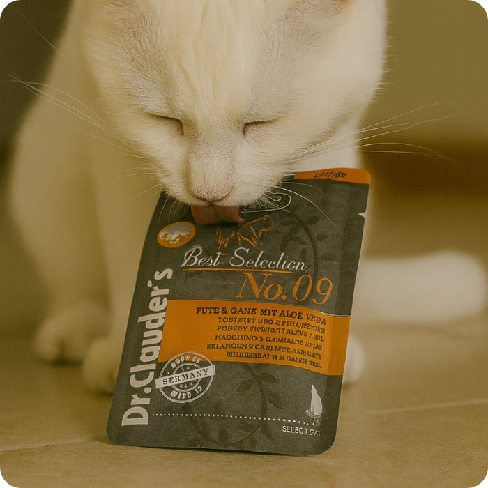 Gato adulto comiendo alimento húmedo completo para gatos Best Selection No. 09 Dr. Clauder's Pato, ganso y aloe vera