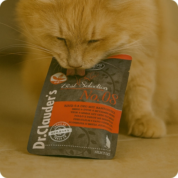 gato adulto comiendo alimento completo para gatos Best Selection No. 08 Dr. Clauder's Ternera, pato y papas