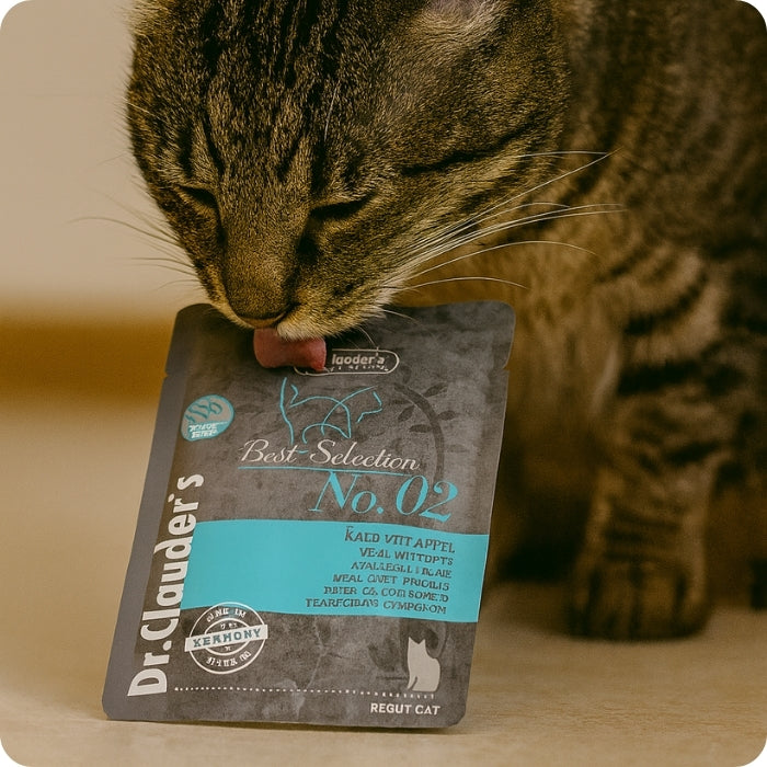 Gato adulto comiendo alimento húmedo completo Dr. Clauder's Best Selection No. 02 Ternera y manzana