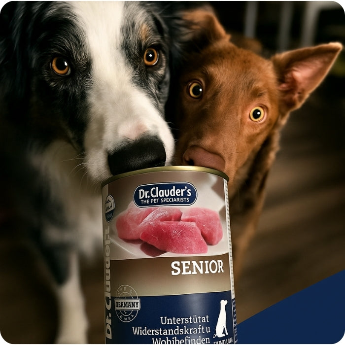 Perritos olfateando lata de alimento natural para perros SENIOR Dr Clauder's