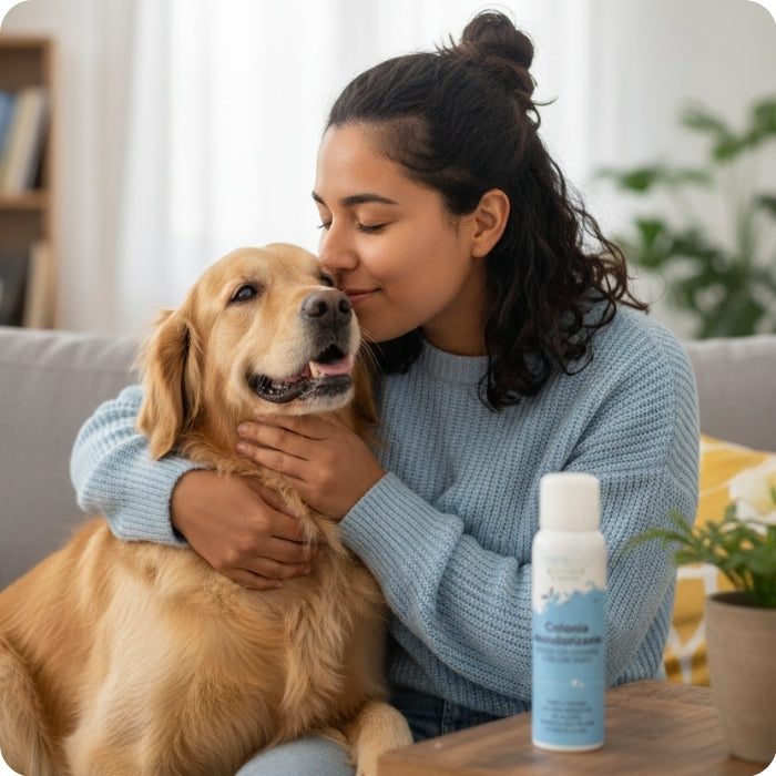 Dog mom usando colonia desodorizante para perros y gatos mamitierra