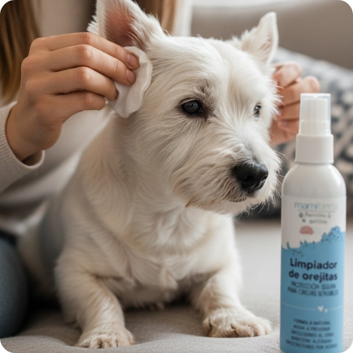 LImpiador de orejitas mamitierra 100% natural apto para perros y gatos, en uso