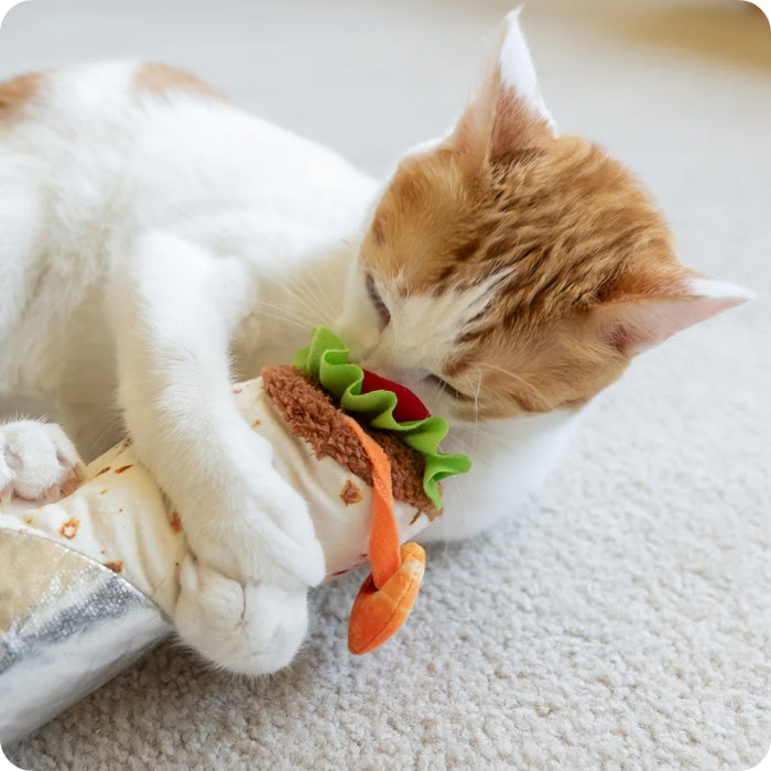 Gato jugando con peluche sensorial Shrimp Purrito