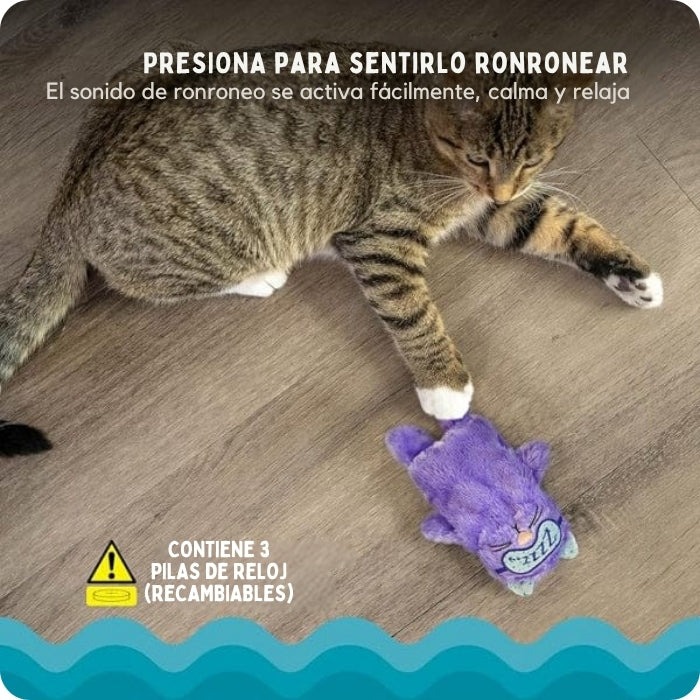 Peluche relajante para gatos, si lo presionas lo escucharás ronronear. Requiere pilas. Usa 3 pilas de reloj.