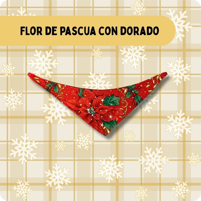 Bandana para perros y gatos modelo Flor de pascua con dorado