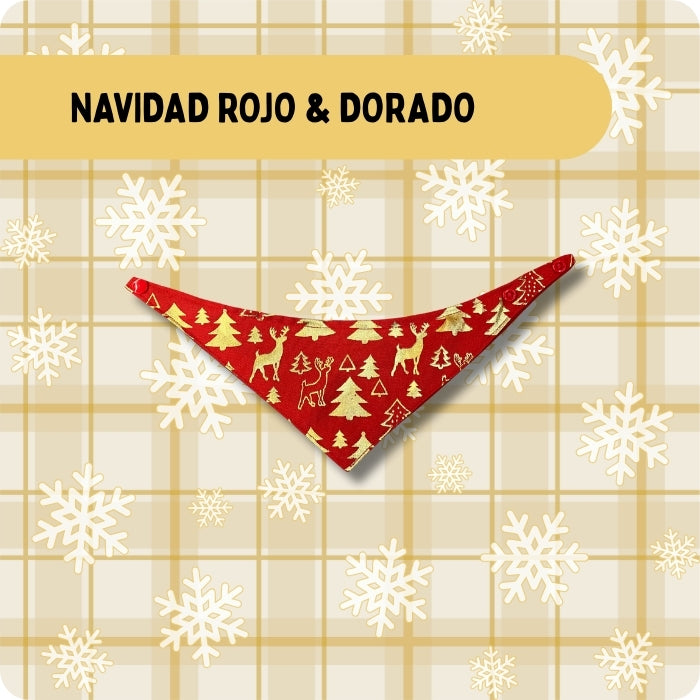Bandana para perros y gatos modelo Navidad Rojo y Dorado