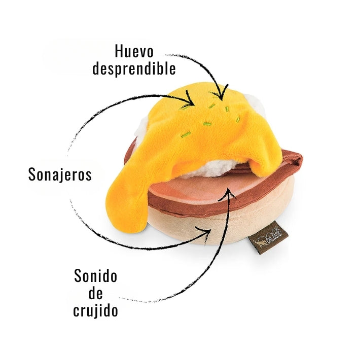 Benny's Benedict Peluche sensorial para perros de P.L.A.Y de Huevos Benedictinos con distintos sonidos y texturas.