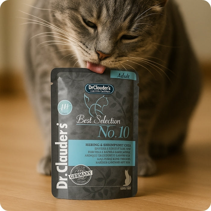 Gato adulto comiendo alimento completo para gatos Best Selection No. 10 Dr. Clauder's Arenque, camarones y chia