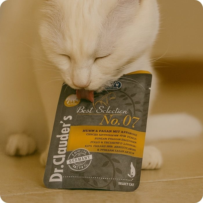 Gato adulto comiendo Dr. Clauder's Best Selection No. 07 Pollo, Faisán y albaricoque