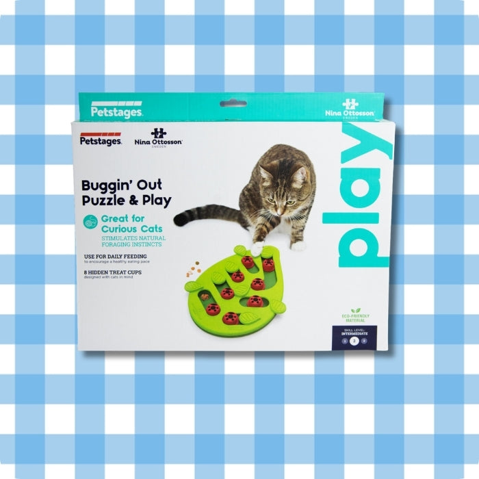 Caja de Buggin' Out juguete cognitivo tipo puzzle para gatos Nivel 2 de Nina Ottosson