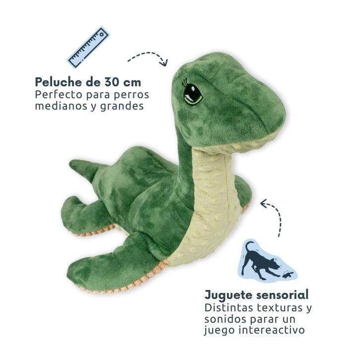 Caracteristicas peluche sensorial para perros Nessie Tall Tails de 30 cms para perros medianos y grandes con distintas texturas y sonidos
