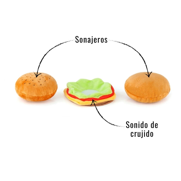 Características peluche sensorial para perros Barky Burger