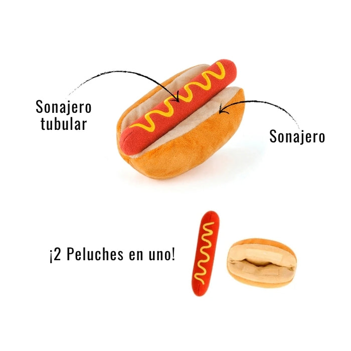 Características peluche sensorial para perros Hot Diggy Dog con dos sonajeros, y dos partes que se separan por completo