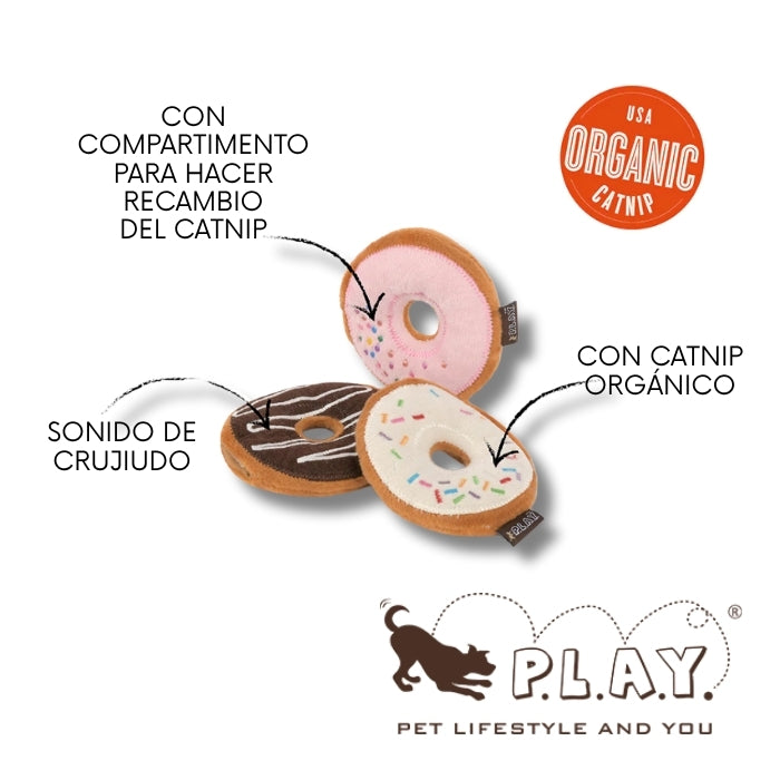 Características peluche sensorial apra gatos Kitty Kreme Donuts con catnip y sonido de crujido