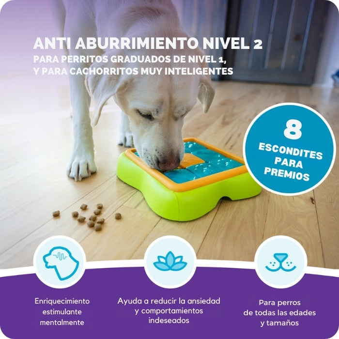 Challenge slider nivel 2. Antiaburrimiento nivel 2. Con 8 escondites para premios. Estimula la mente, ayuda de reducir la ansiedad, para perros de todas las edades.