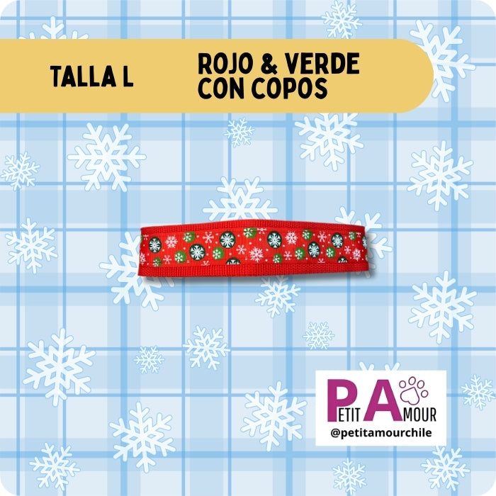 Collar L para perros talla grane modelo rojo y verde con copos