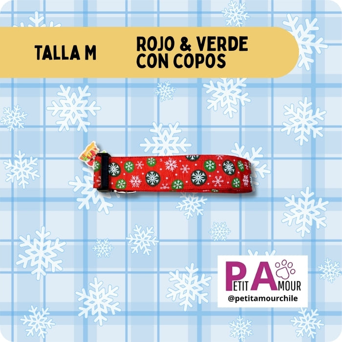Collar M para perros Modelo Rojo y verde con copos