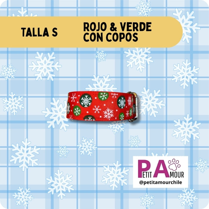 Collar S para perros o gatos MOdelo Rojo y verde con copos