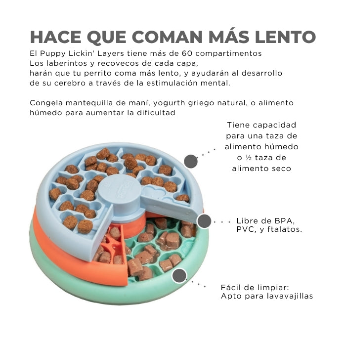 Juguete cognitivo tipo puzzle nivel 2 Puppy Lickin' Lyers Nina Ottosson perfecto para perros de talla pequeña o cachorros, gracias a tus 3 platos y texturas hace que los perros coman más lento.
