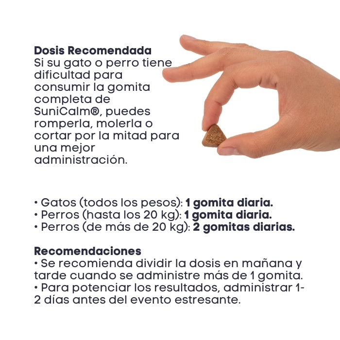 Dosis recomendada para administrar SuniCalm de Sunipet a tu perro o gato.