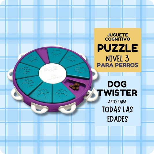 DOg Twister es un juguete cognitivo nivel 3 tipo puzzle de Nina Ottosson. Es de nivel de dificultad avanzado y es ideal para perros de todas las edades y tamaños