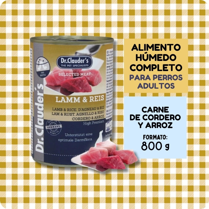 Alimento húmedo completo para perros adultos receta de carne de cordero con arroz de Dr. Clauder's