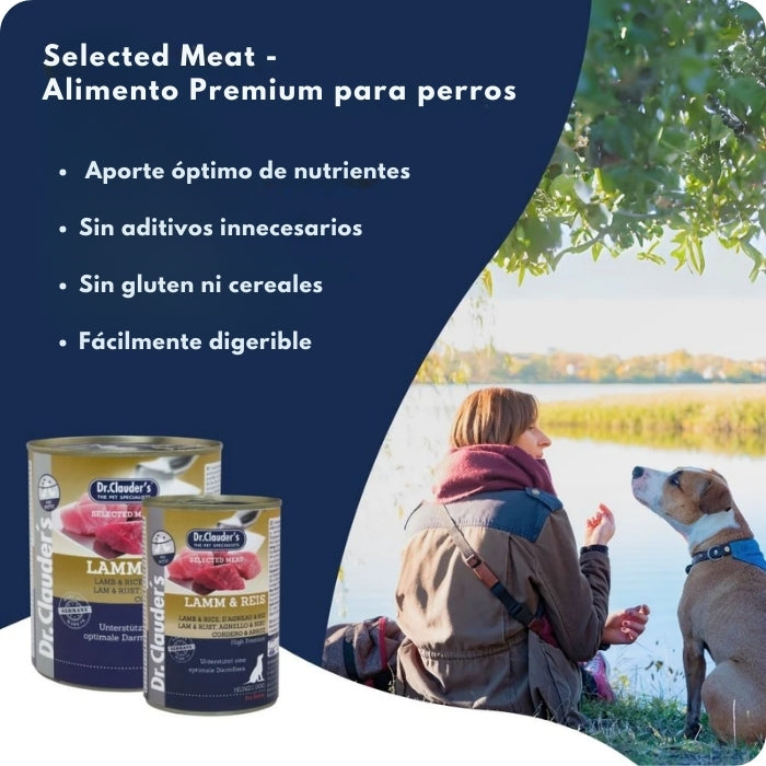 Dr. Clauder's Selected Meat de Cordero y Arroz tiene un aporte óptimo de nutrientes, no contiene aditivos innecesarios, no tiene gluten ni cereales y es fácilmente digerible.