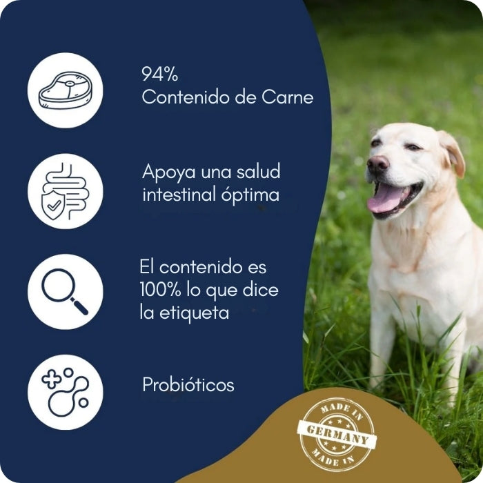 Dr. Clauder's Selected Meat Cordero y arroz tiene un 94% de carne, apoya una salud intestinal óptima, la etiqueta es 100% transparente y viene fortalecido con probióticos.