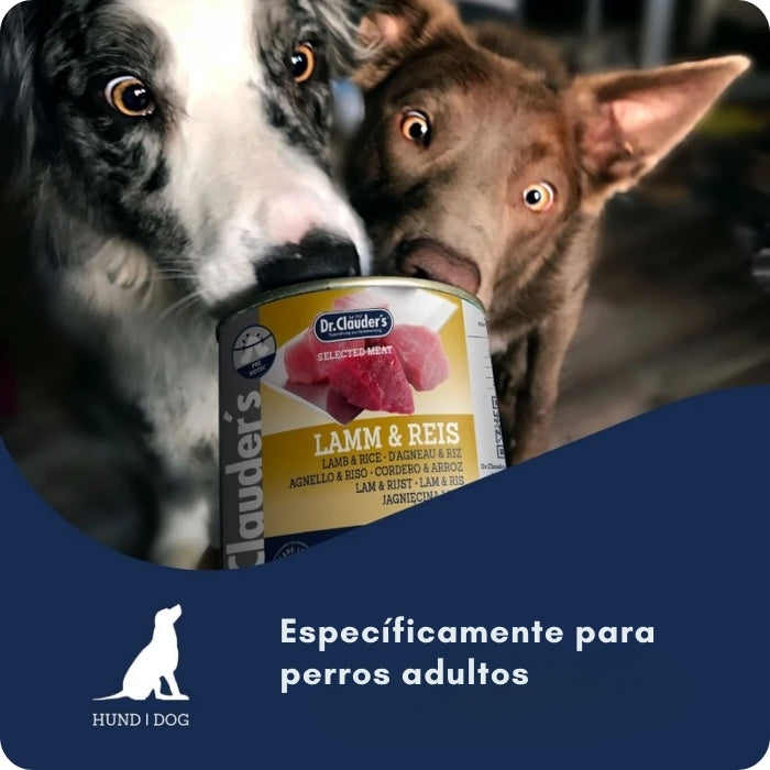 Dr. Clauder's Selected Meat Cordero y Arroz alimento húmedo completo para perros adultos.
