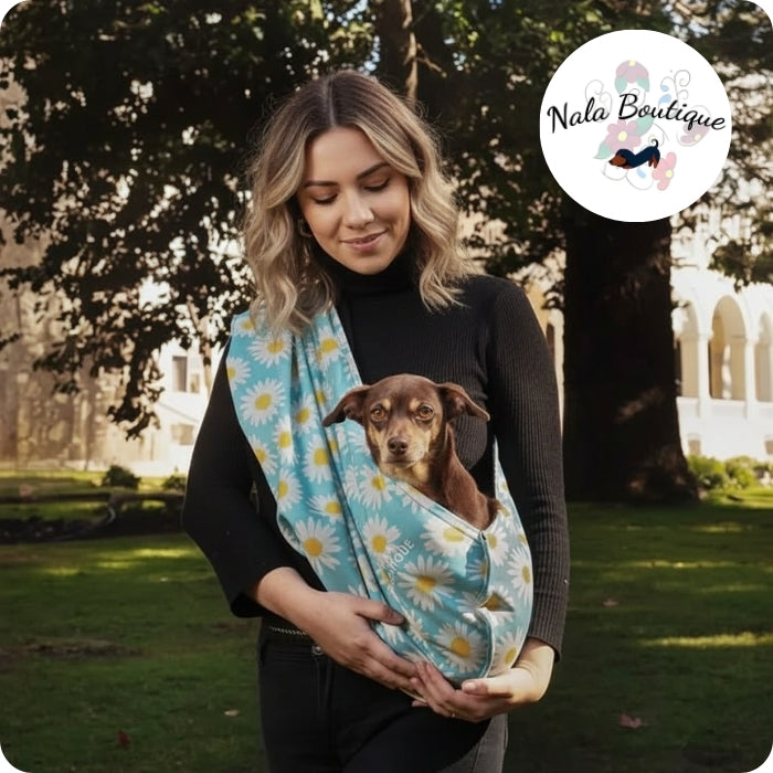 Mujer usando transportador para mascotas Fular Nala Boutique