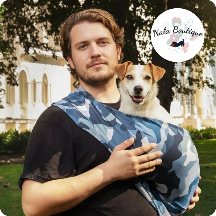 Hombre usando transportador para mascotas talla estándar Fular Nala Boutique