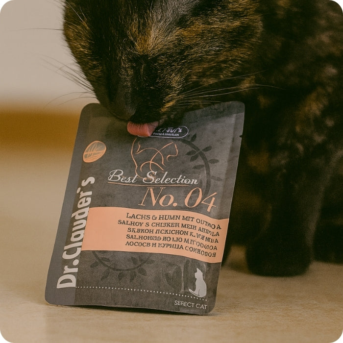 Gato adulto comiendo alimento húmedo completo Best Selection No. 04 Dr. Caluder's Salmón, pollo y quinoa
