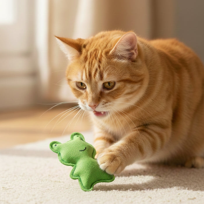 Gato juganfo con Sapo de peluche para gatos. Juguete sensorial marca Beco.