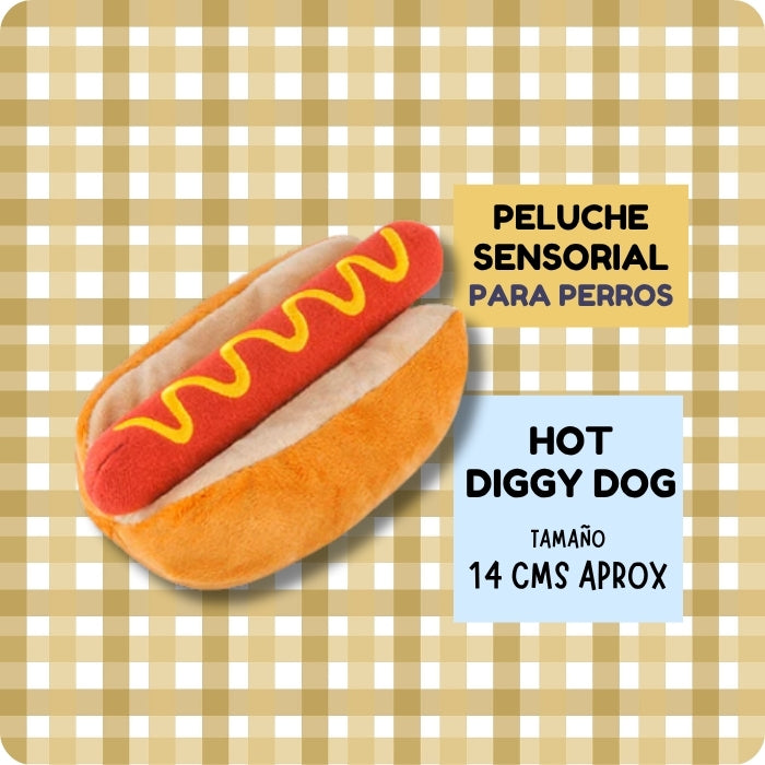 Peluche sensorial para perros Hot Diggy Dog con distintos sonidos y texturas