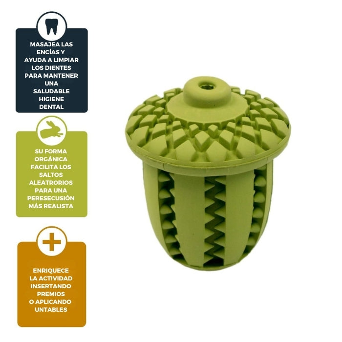 Juguete rellenable funcional Bellota de Tall Tails, apoya la hiiene dental, gracias a su forma orgánica produce movimientos más naturales y aleatorios, y puedes rellenarlo para hacer la actividad más enriquecedora