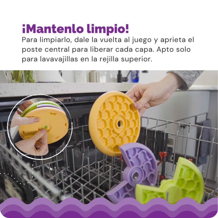 Mantén limpio tu Kitty Lickin Layers, puede desarmarse para lavarlo. Es apto para la bandeja superior de lavavajillas.