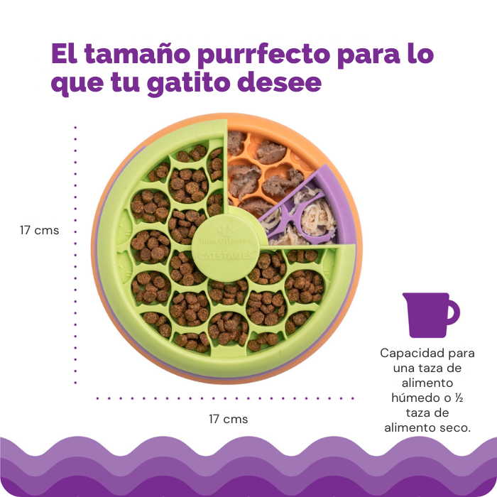 Kitty Lickin Layers tiene el tamaño Purrfecto para lo que tu gato desee comer. Tiene capacidad para una taza de alimento húmedo, o 1/2 taza de pellets. Mide 17 cms.