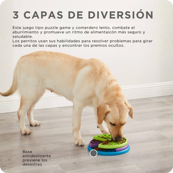 Caracteristicas juguete cognitivo para perros nivel 2 tipo puzzle Lickin' Layers de Nina Ottosson cuenta con 3 platos y es ideal para reemplazar el comedero