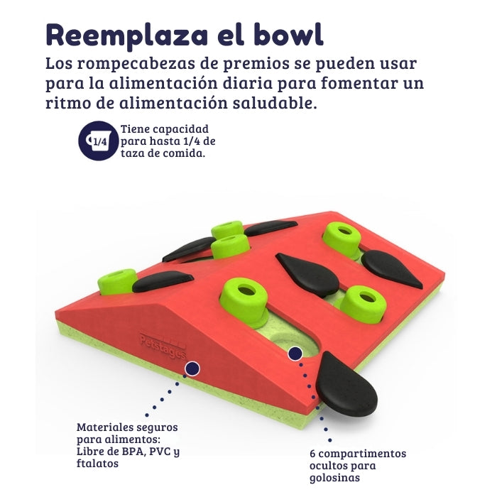 Melon Madness juguete cognitivo tipo puzzle para gatos de Nina Ottosson te sirve para reemplazar el bowl de alimentos