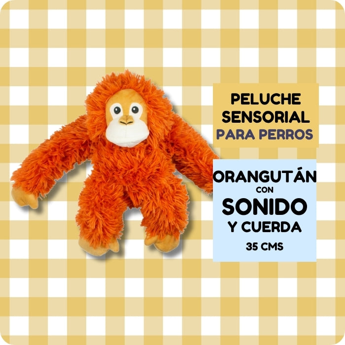 Peluche sensorial para perros Orangután con sonido y cuerda interior en Karu Auka marca Tall Tails