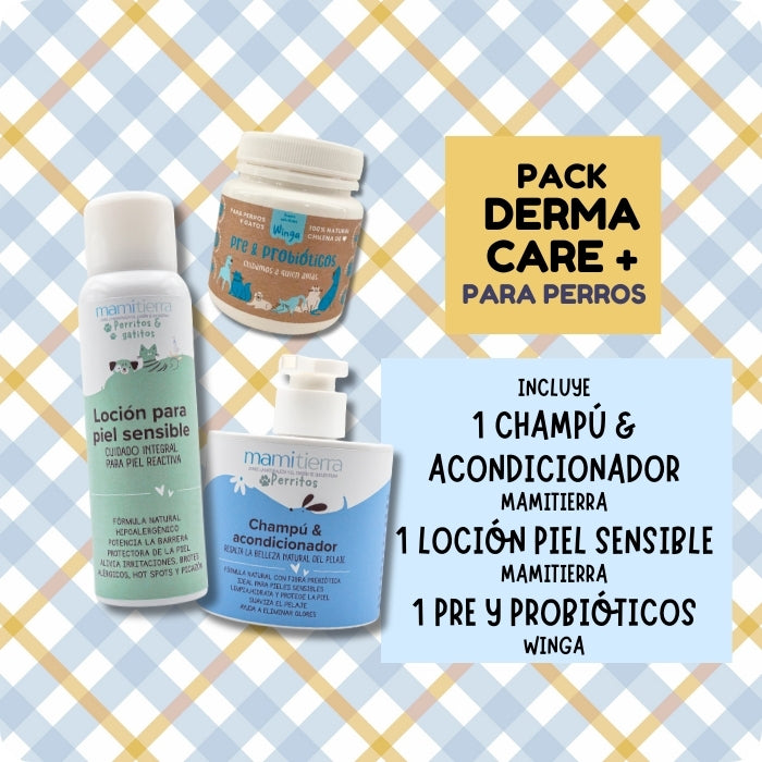 pack incluye un champú para piel sensible, una loción para piel sensible y probióticos Winga para fortalecer la barrera cutánea e perros. Apto para todas las edades