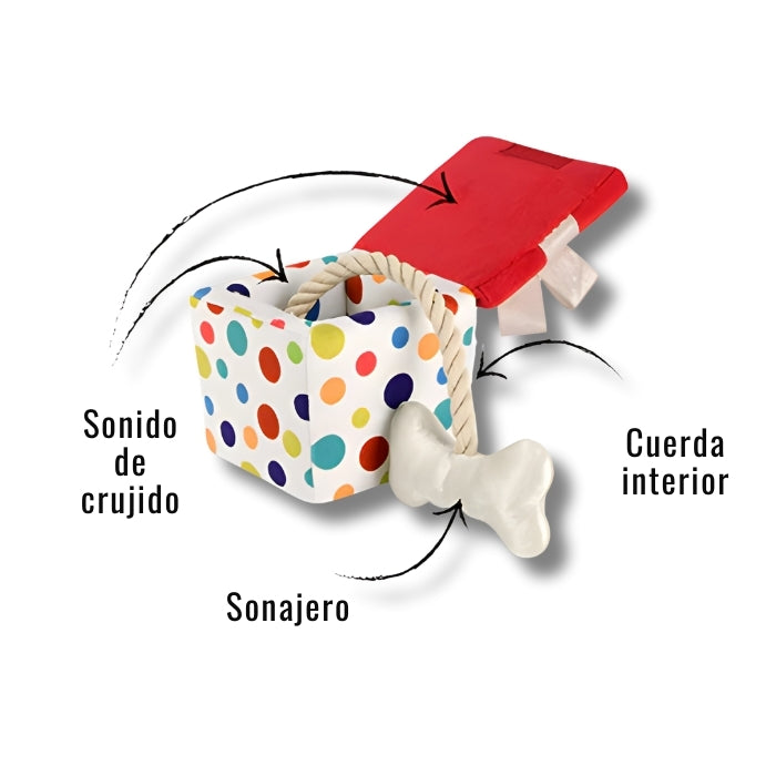 Pawfect present peluche sensorial para perros P.L.A.Y de 11 cm aprox incluye una cuerda interior y un peluche con sonajero pegado a esta.