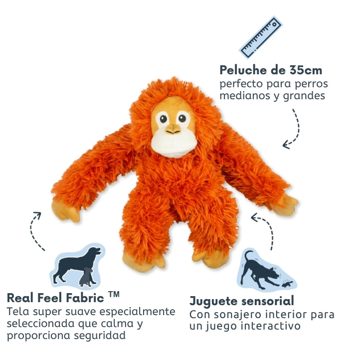 Peluche sensorial para perros modelo Orangután con cuerda interior de 35 cms, con tela sensorial y distintas texturas y sonidos