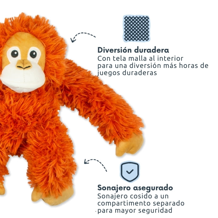 Peluche sensorial para perros Orangután Tall Tails con tela malla interior y sonajero cosido en un compartimento aparte