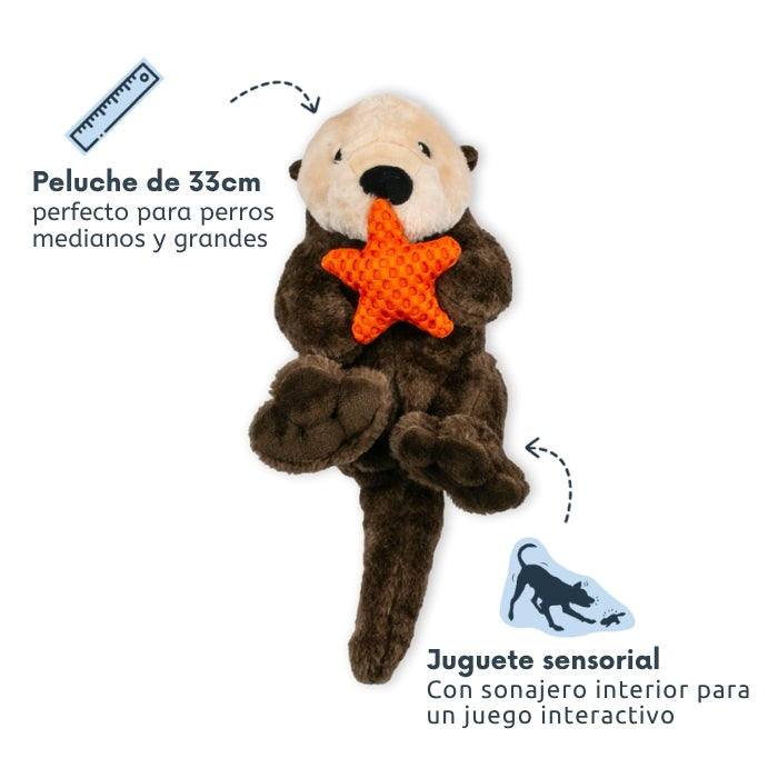 Peluche sensorial para perros Nutria propiedades: mide 33 cm, y tiene distintos sonidos y texturas para un juego sensorial
