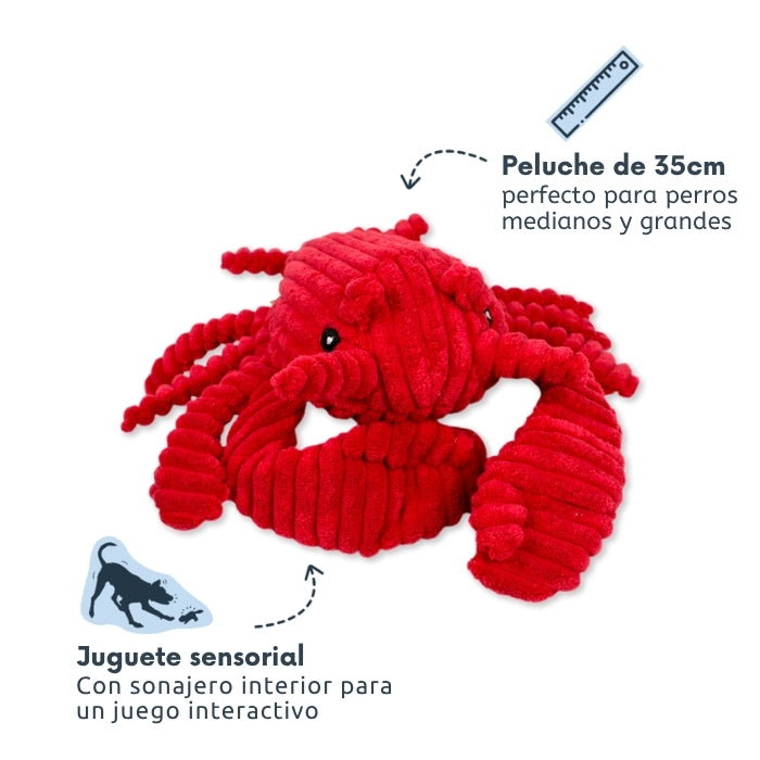 Peluche sensorial para perros de 35 cms con diferentes texturas que además produce distintos sonidos marca Tall Tails modelo Langosta