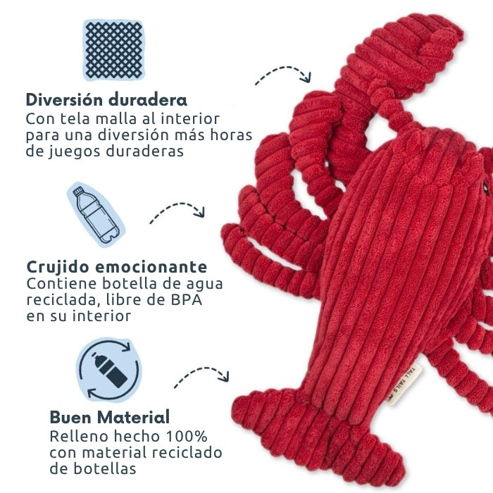 Peluche sensorial para perros Modelo Langosta de Tall Tails, con tela malla reforzada, una botella e su interior para producir un sonido de crujido emocionante y con material hecho 100% de botellas recicladas