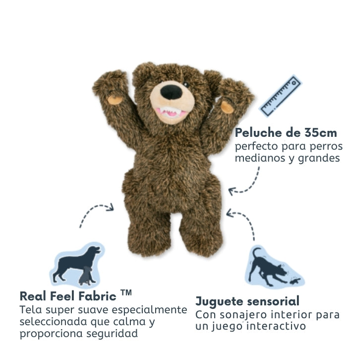 Peluche sensorial para perros Oso Grizzly:  mide 35 cms ideal para perros medianos o grandes, con tela seleccionada que da calma y seguridad, y diferentes sonidos y texturas para un juego sensorial