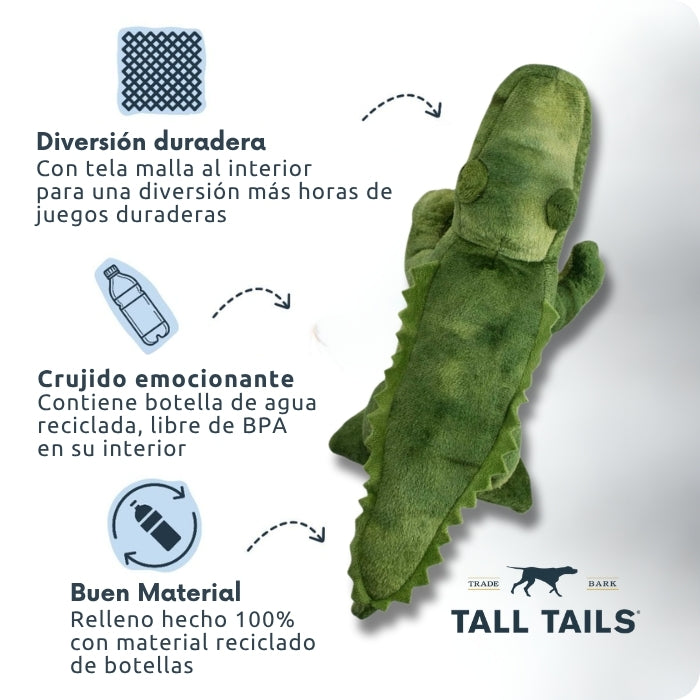 Peluche sensorial para perros cocodrilo de Tall Tails: incluye tela malla interior para hacerlo más resistente, con una botella libre de BPA en su interior para un crujido emocionanate, relleno hecho 100% de botellas recicladas.