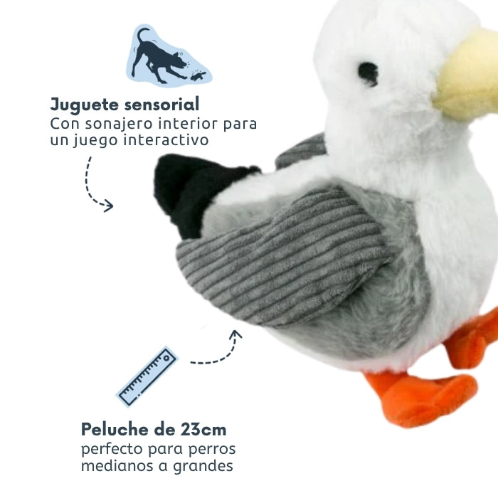 Peluche sensorial para perros de 23 cms ideal para perros medianos a grandes con diferentes estímulos sensoriales. Modelo Gaviota marca Tall Tails